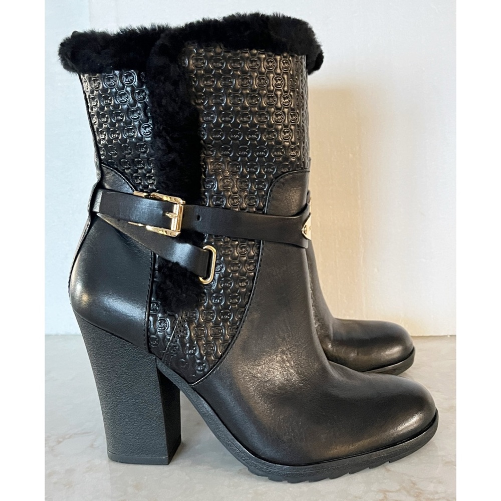 Michael Kors Black Leather & Sheep Fur Trim High Heel Ankle Boots 6.5 NWT